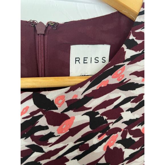 Reiss Burgundy Aster Print Drop Waist Flutter Hem Short Sleeve Dress • Sz S - Picture 2 of 5